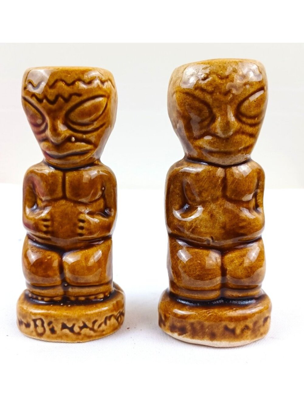 Vintage Tiki Salt & Pepper Shakers Brown Glaze Tribal NW Bennacma